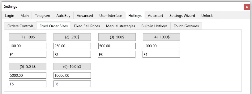 Moonbot Terminal: Settings tab – Hotkeys: Fixed Order Sizes